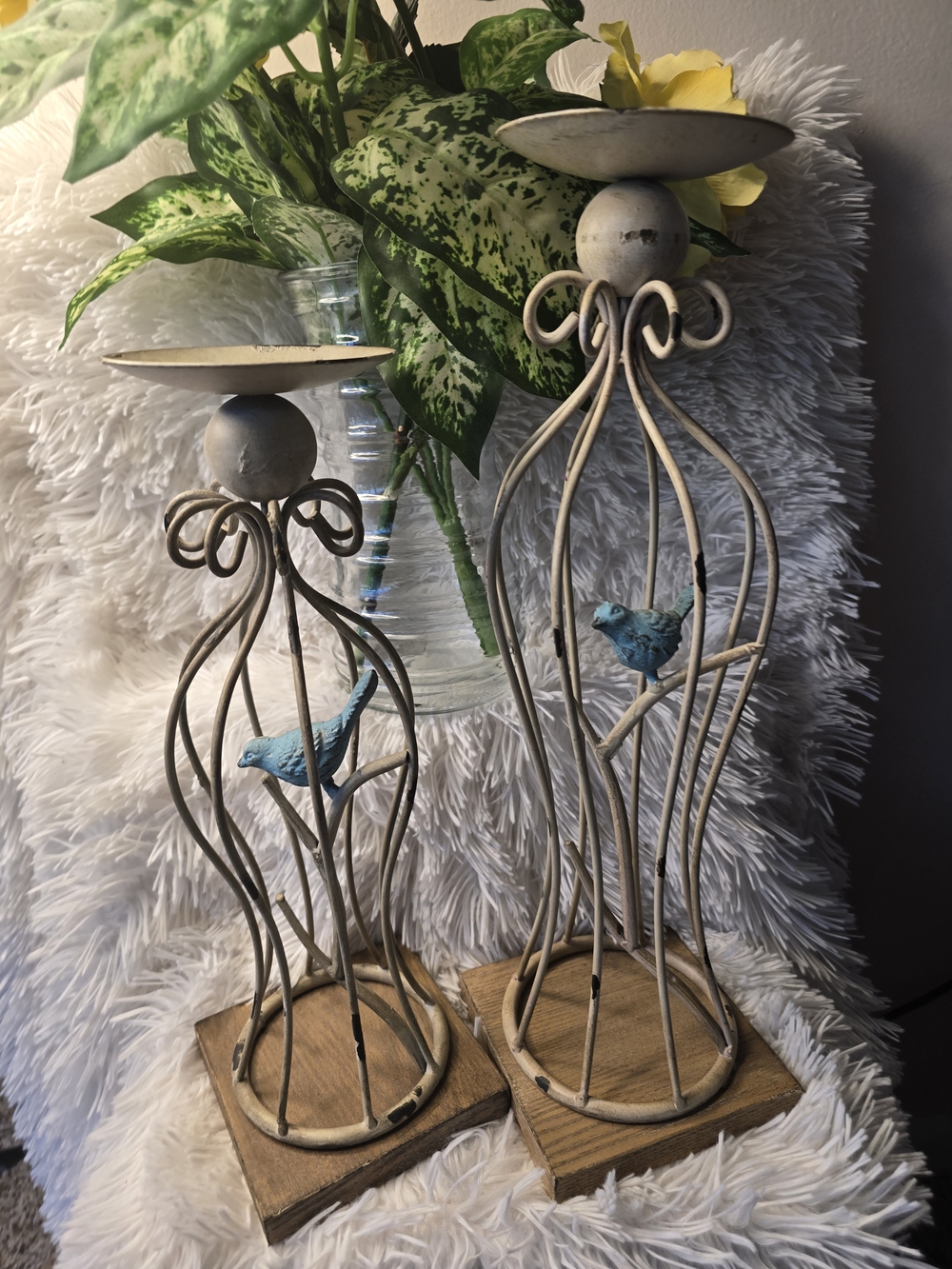 Pier 1 Cream Metal Bird Candle Holders with Blue Bird Accents